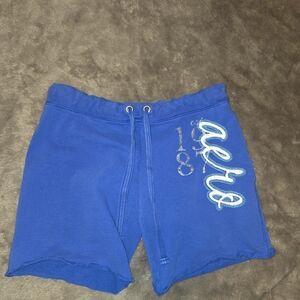 Blue Drawstring Shorts with Embroidered Side Script